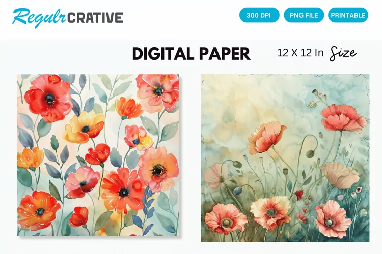 Watercolor Poppy Floral Seamless Digital Paper