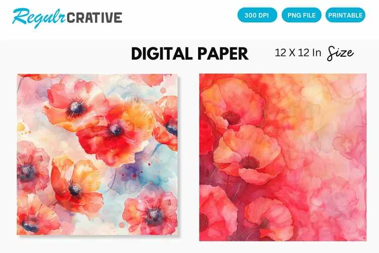 Watercolor Poppy Floral Seamless Digital Paper