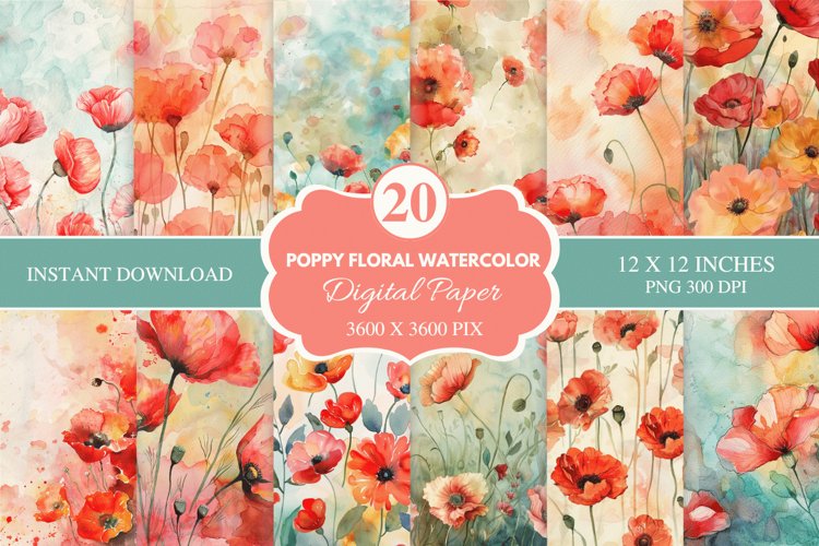 Watercolor Poppy Floral Seamless Digital Paper Bundle