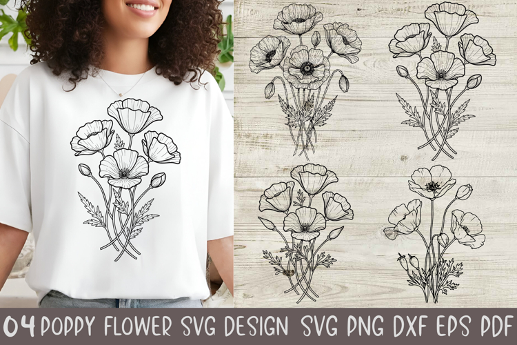 Poppy Flowers Svg,4 Flower Svg Cut Files