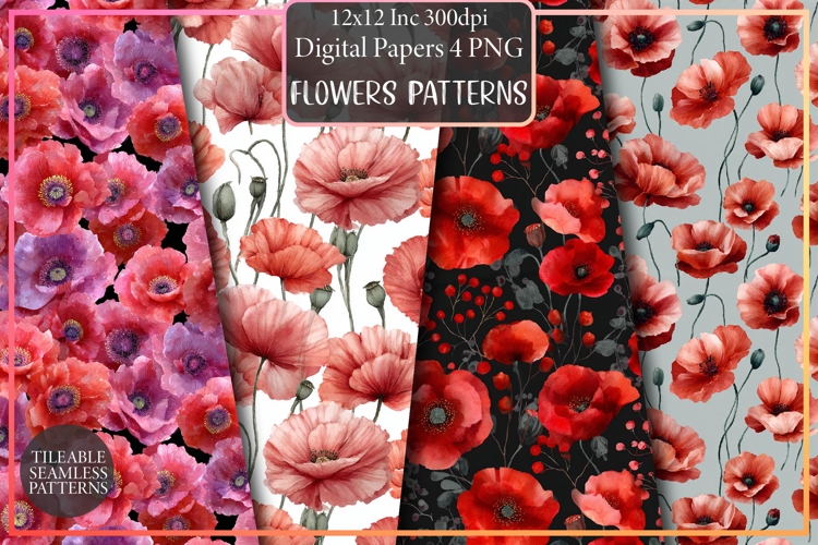 Poppy Watercolor Flowers Patterns