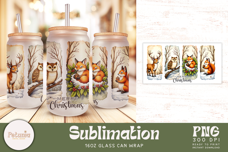 Winter Woodland Animals | Sublimation 16oz Glass Can Wrap