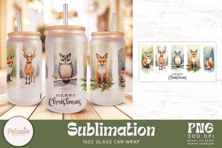 Winter Woodland Animals | Sublimation 16oz Glass Can Wrap