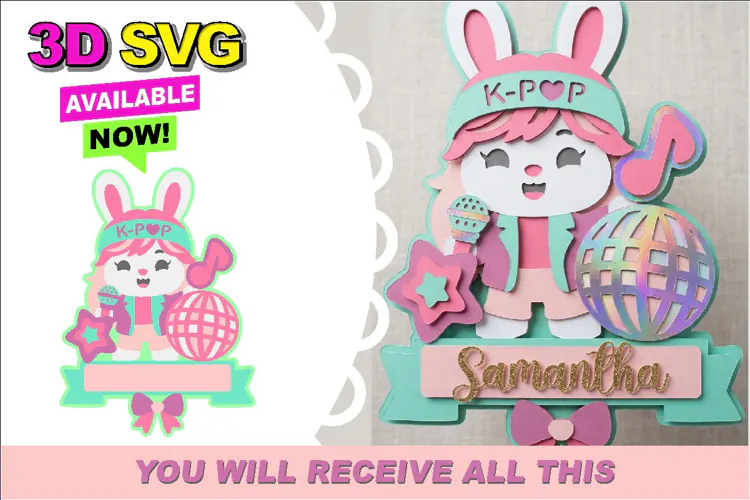 Cute K-Pop Bunny Cake Topper 3D SVG