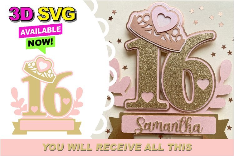 Sweet Sixteen cake topper SVG example image 1