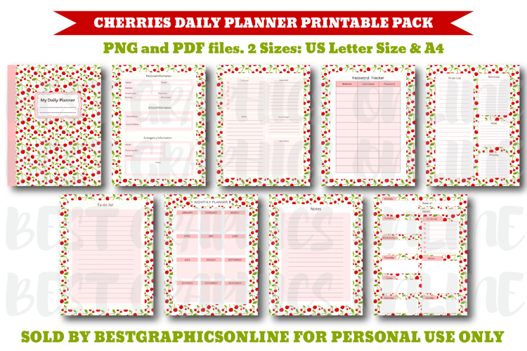Cherries Daily Planner Printable Pack US Letter Size and A4
