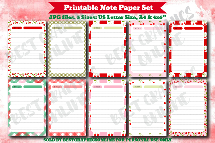 Cherry Printable Note Paper Cherries Writing Papers Notebook example image 1
