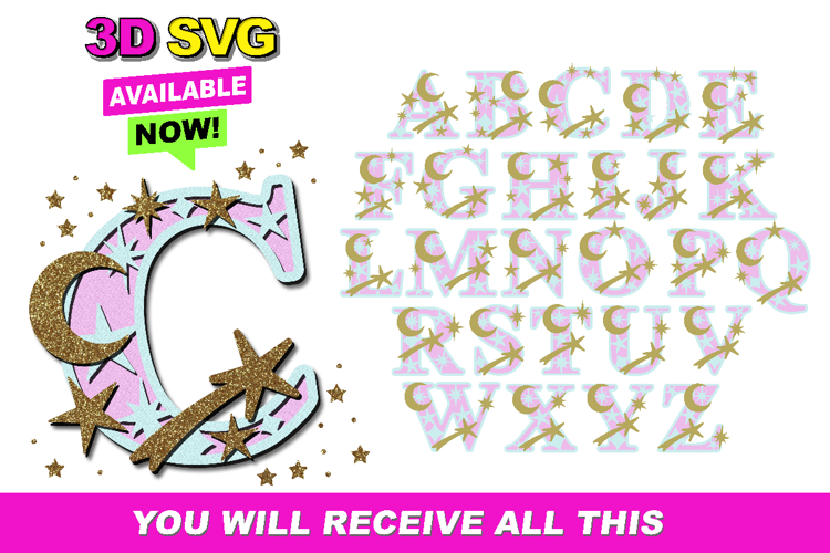 Alphabet 3D SVG moon and stars