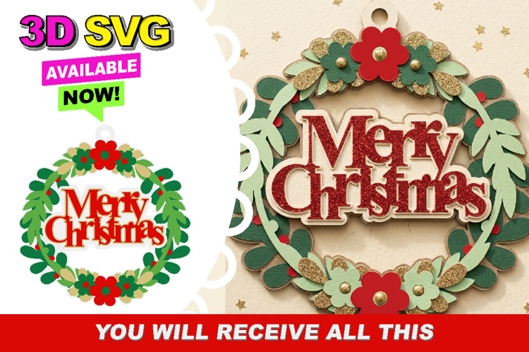 Merry Christmas Wreath Ornament 3D SVG