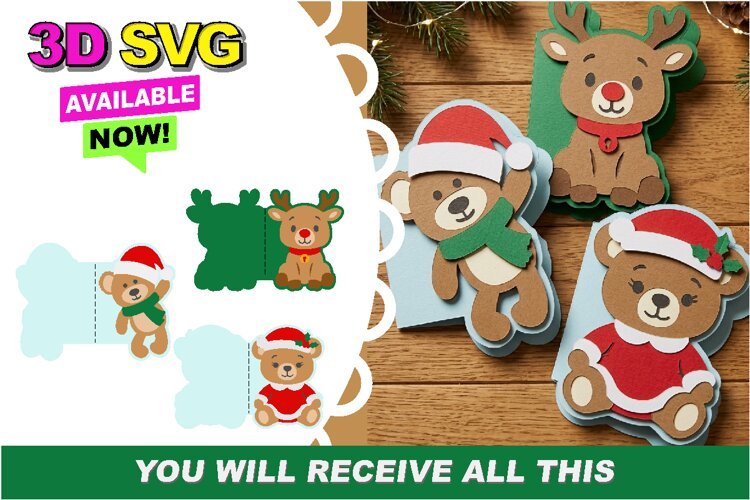 Bear and Reindeer Christmas Cards 3D SVG example image 1