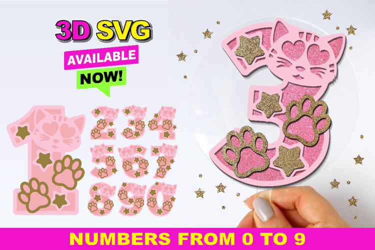 Cute Cat Numbers 3D SVG