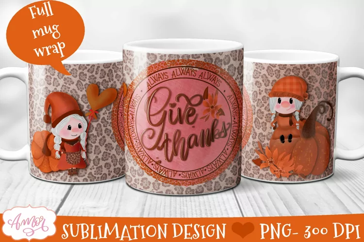 Thanksgiving sublimation mug template, pumpkins and gnomes