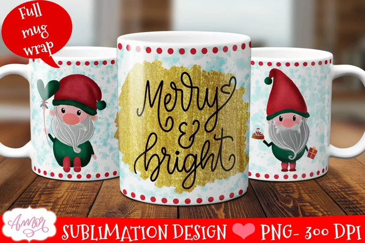 Merry & bright mug wrap png | Christmas mug sublimation PNG