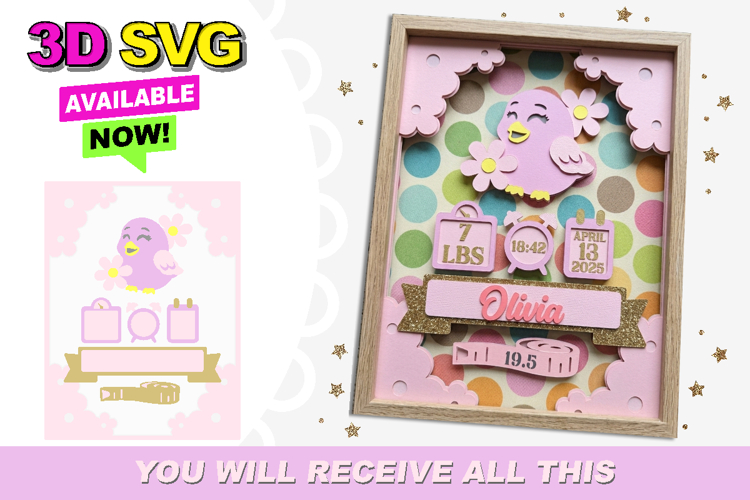 Birth Stats announcement signs Birds 3D SVG