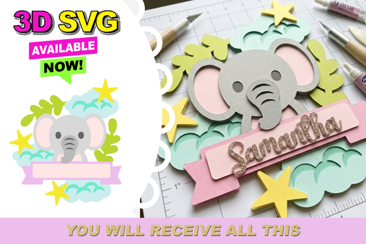 Sweet Baby Elephant Name Banner 3D SVG Cake Topper
