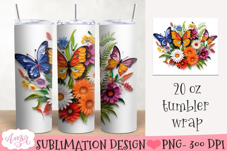 3D Tumbler PNG for Sublimation | Flowers and butterflies PNG