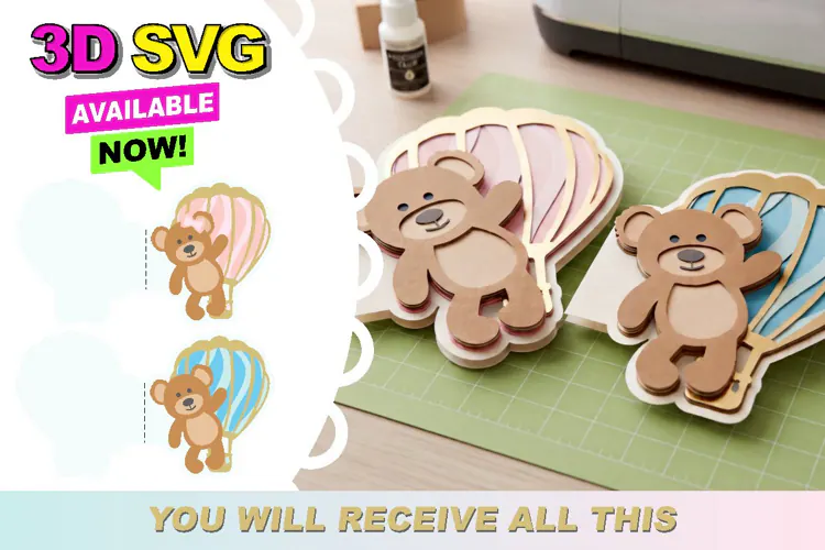 Cute Bear Hot Air Balloon Card 3D SVG