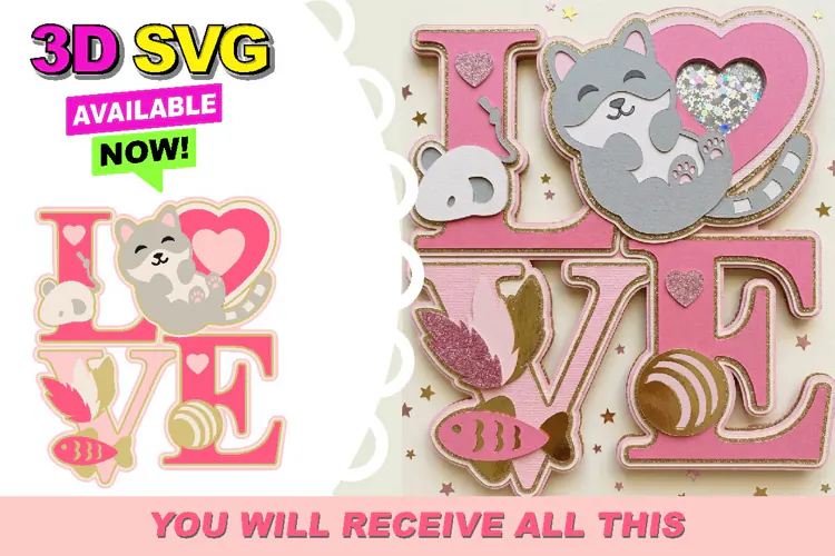 Cute LOVE Cat Cake Topper 3D SVG