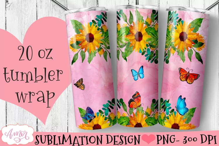 Flowers and butterflies tumbler wrap PNG for sublimation