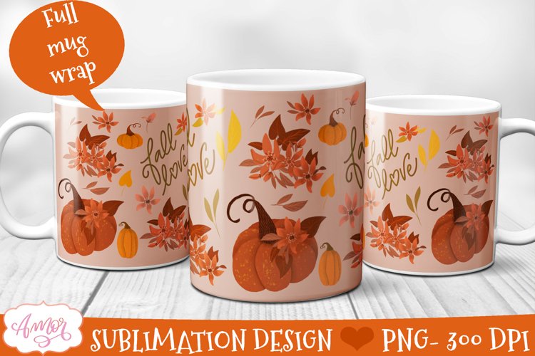 Fall 11oz mug sublimation template, pumpkin mug PNG