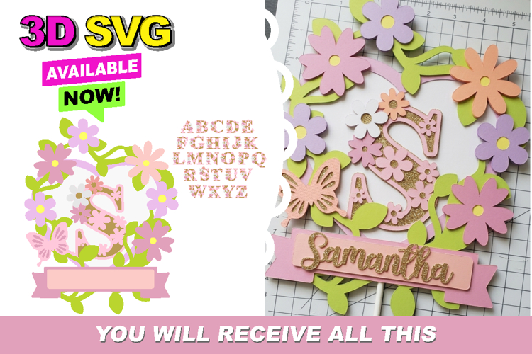 Floral Monogram cake topper 3D SVG