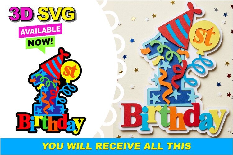 First Birthday Color Party 3D SVG example image 1