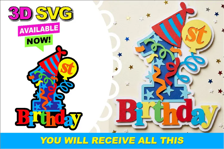 First Birthday Color Party 3D SVG