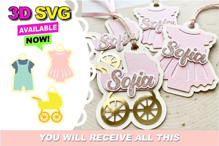 Cute Baby Shower Gift Tags 3D SVG example image 1