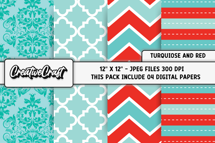 Turquoise and Red Digital Papers, scrapbook papers designs