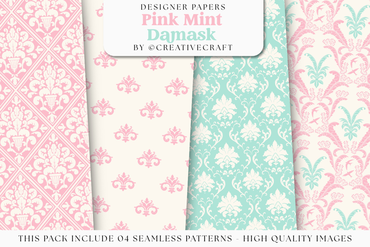 Pink Mint Damask Seamless Patterns, damask digital papers