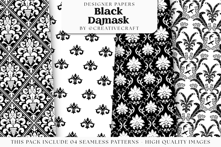 Black Damask Seamless Patterns, black damask digital papers