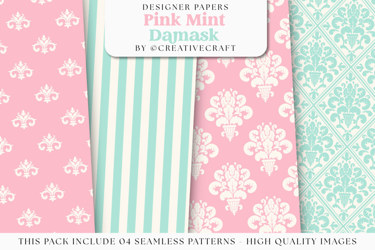 Pink Mint Damask Seamless Patterns, damask digital papers