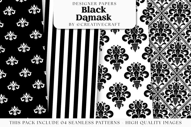 Black Damask Seamless Patterns, black damask digital papers