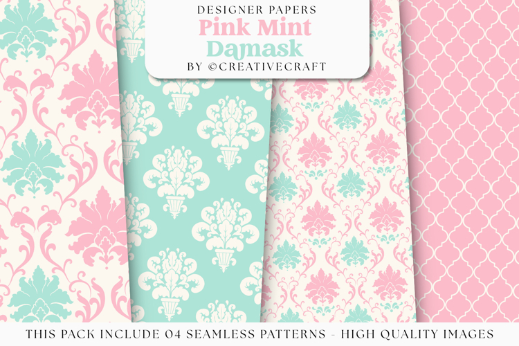 Pink Mint Damask Seamless Patterns, damask digital papers