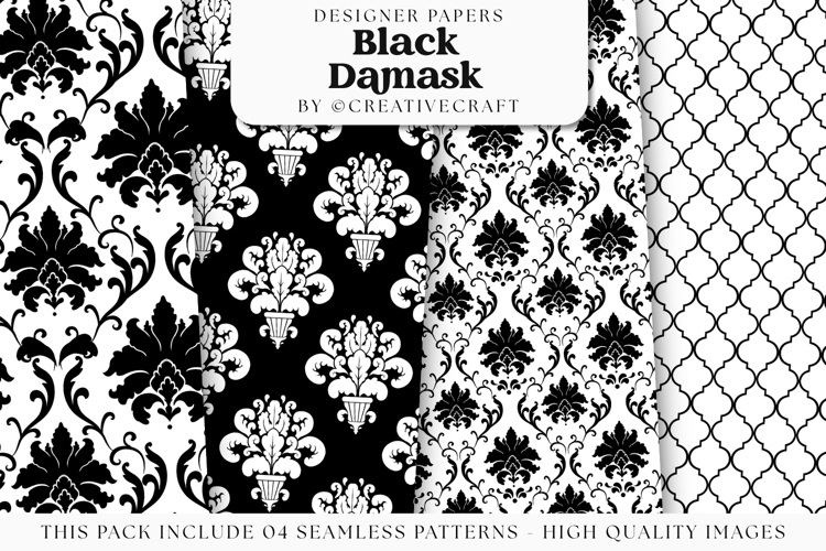 Black Damask Seamless Patterns, black damask digital papers