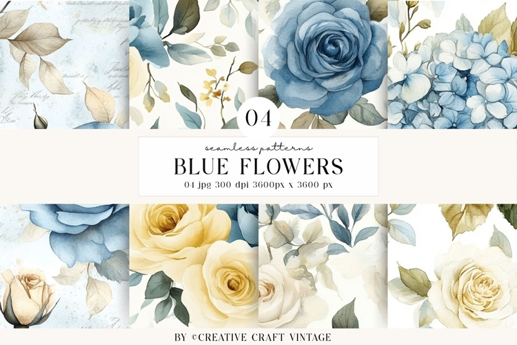 Blue Floral Seamless Patterns, digital papers, watercolor