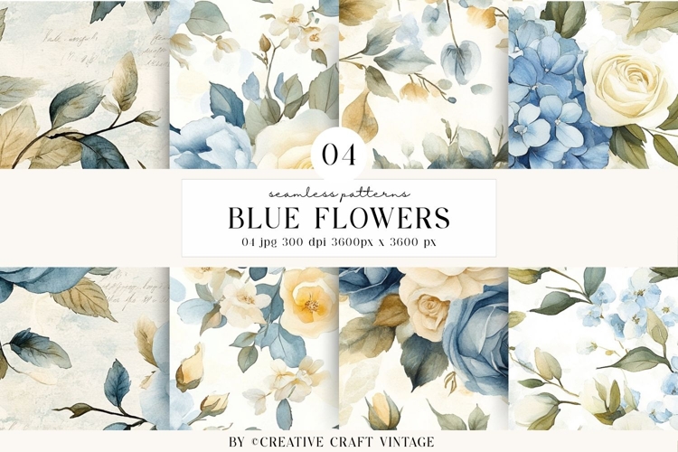 Blue Floral Seamless Patterns, digital papers, watercolor