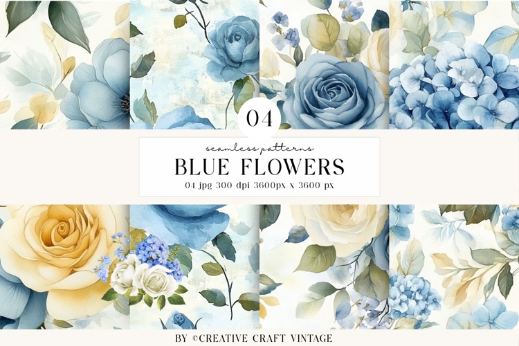 Blue Floral Seamless Patterns, digital papers, watercolor