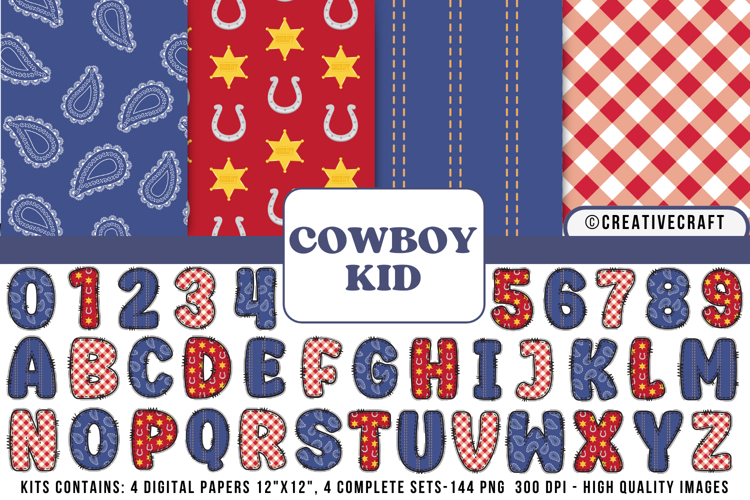 Cowboy Kid Digital Papers, cowboy kid doodle letters