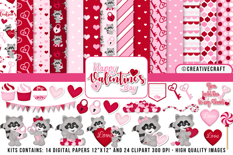 Valentine Day Digital Paper and Clipart png, illustration