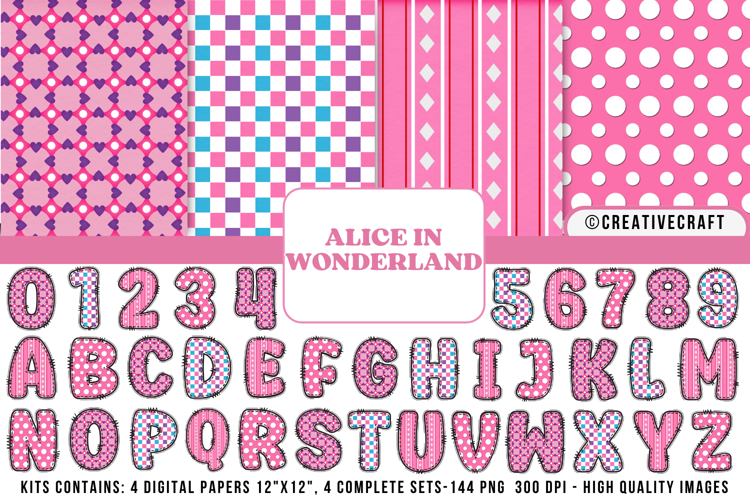 Alice in Wonderland Digital Papers, Alice doodle letters