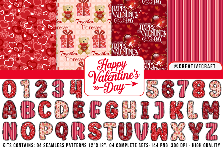 Valentines Day Seamless Patterns, valentine doodle letters