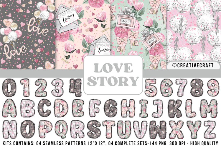 Love Story Floral Alphabet & Seamless Patterns PNG