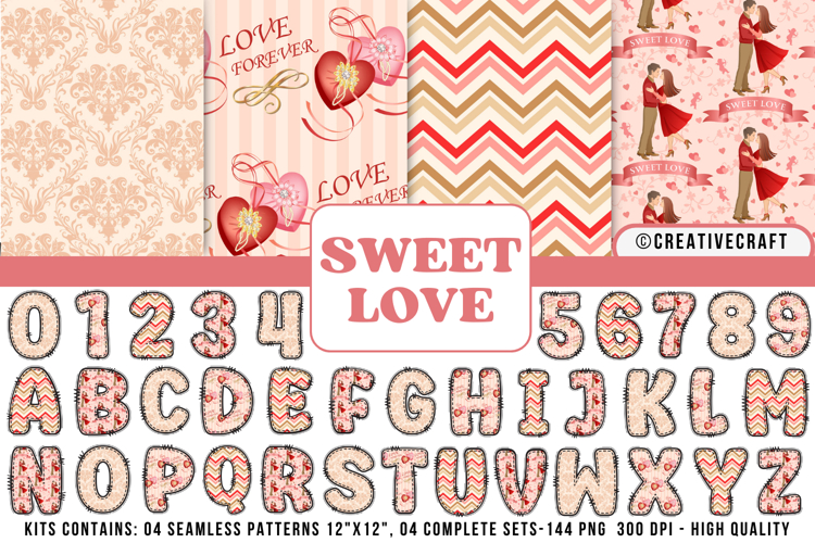 Valentines Day Seamless Patterns, Valentines doodle letters