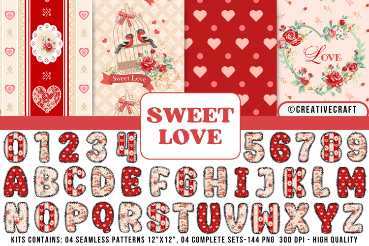 Valentines Day Seamless Patterns, Valentines doodle letters