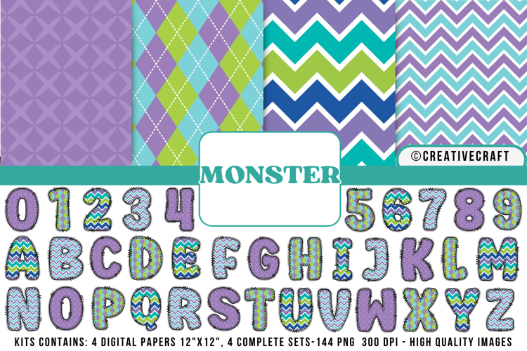 Monsters Digital Papers, monsters doodle letters