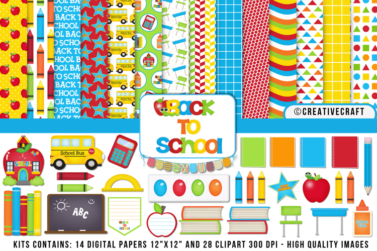 Back To School Digital Paper and Clipart png, school clipart