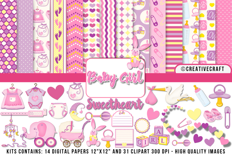 Baby Girl Digital Paper and Clipart png, baby illustration