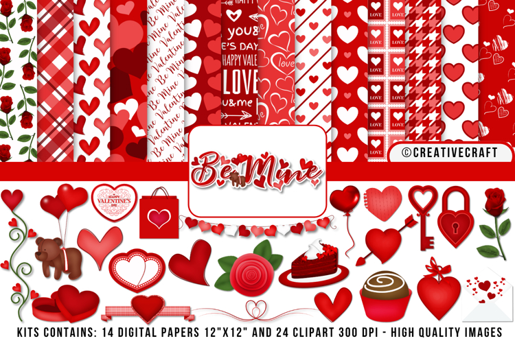 Valentine Day Digital Paper and Clipart png, illustration