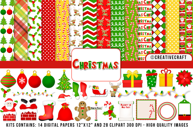 Christmas Digital Paper and Clipart png, illustration